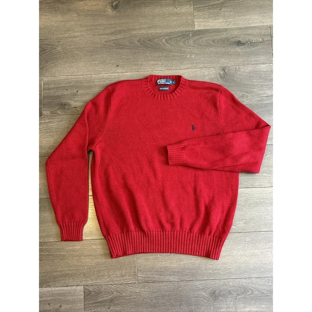 Polo Ralph Lauren Pima Cotton‎ Sweater mens size L Red Ribbed Thick Crewneck EUC